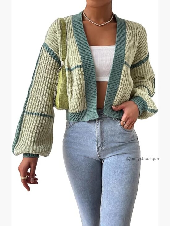 Sweaters - Color Block Crop Cardigan Bishop Long Sleeve Open Front Striped Sweater